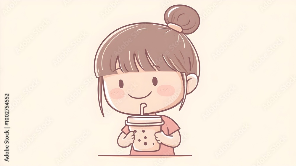 Cute Cartoon Girl Happily Enjoying Hot Drink and Snack in Cozy Lifestyle Setting Cute Cartoon Girl Happily Enjoying Hot Drink and Snack in Cozy Lifestyle Setting