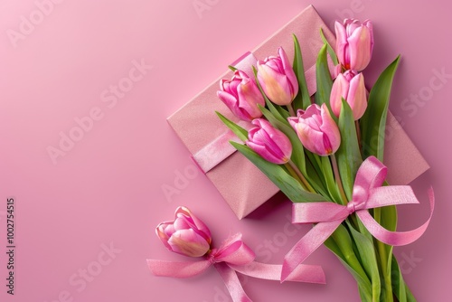 Gift Box with Pink Ribbon and Tulips on Soft Pink Background: Romantic Floral Arrangement for Spring Celebration