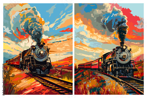 Vintage train posters. Railway painting nature mountain landscape drawing, retro locomotive trains on old railroad vector illustration