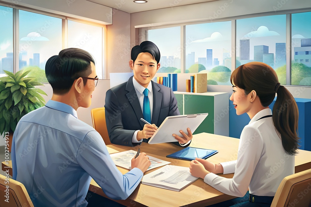 Asian advisor showing plan of investment to clients in the consultancy office Asian advisor showing plan of investment to clients in the consultancy office