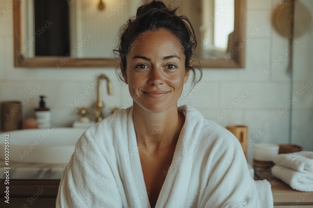 A relaxed woman in a white robe sits in a serene spa-like bathroom environment, featuring a warm ambiance with wooden accents, exuding calm and luxury.