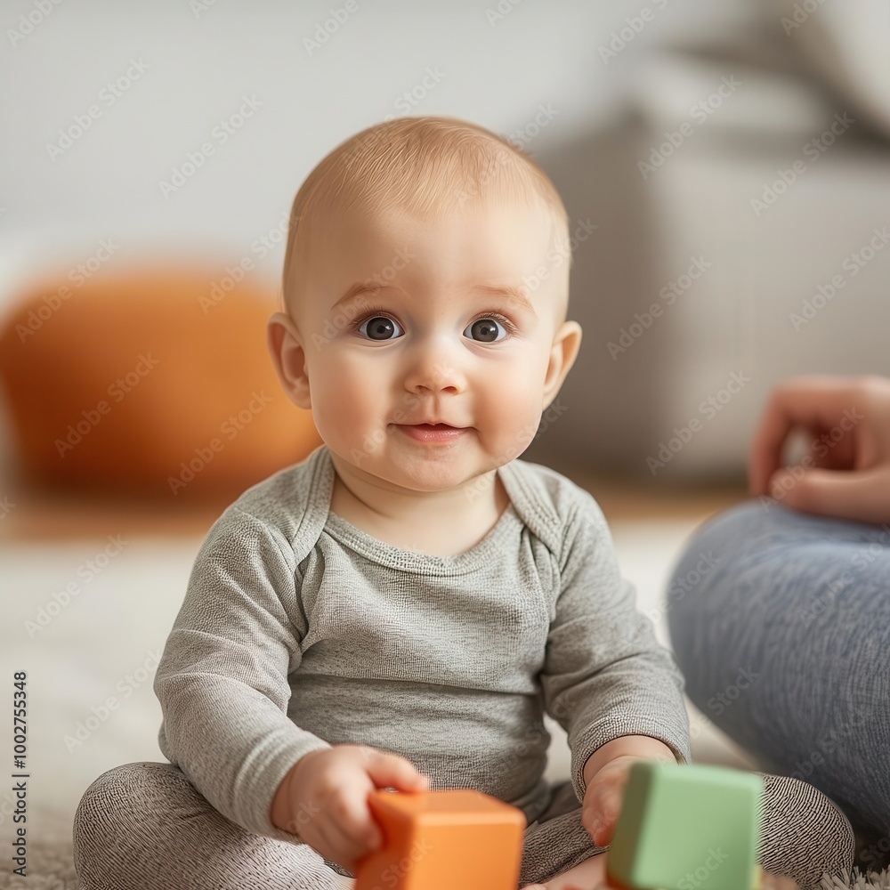 Cheerful baby playing with colorful blocks on soft rug, bright indoor setting. Cheerful baby playing with colorful blocks on soft rug, bright indoor setting.