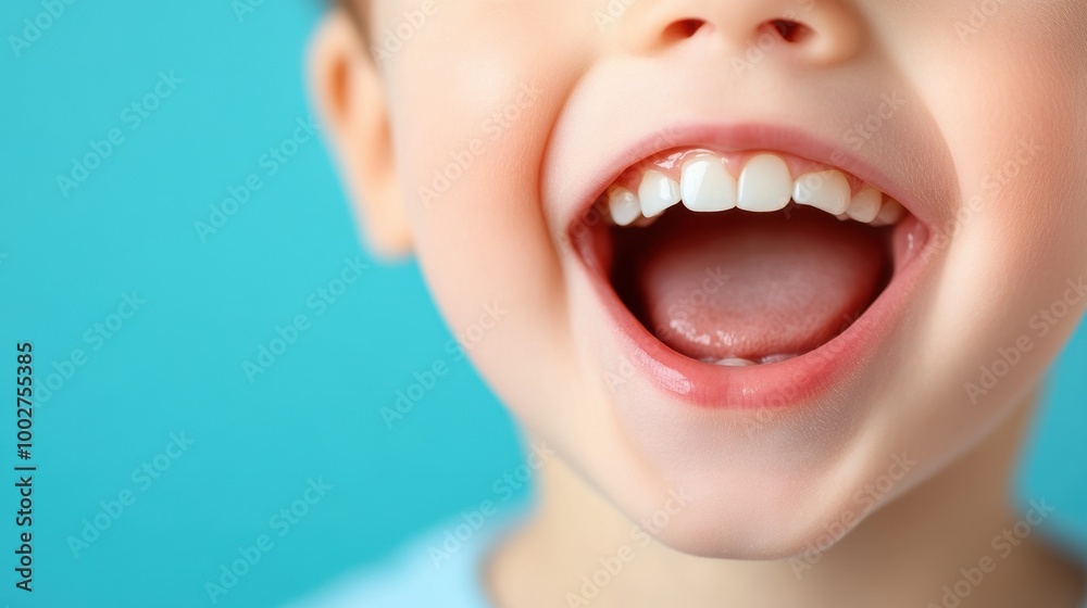 A close up of a child mouth with newly erupted adult teeth, showcasing the process of growth. A close up of a child mouth with newly erupted adult teeth, showcasing the process of growth.