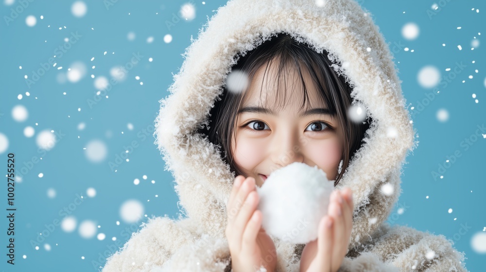 Playful Asian Girl Tossing Snowball in Fluffy Hooded Coat Playful Asian Girl Tossing Snowball in Fluffy Hooded Coat