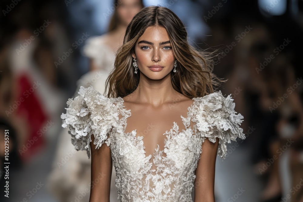 A model elegantly showcases a luxurious bridal gown with intricate lace designs and embellishments, enchanting the audience during a sophisticated fashion show. A model elegantly showcases a luxurious bridal gown with intricate lace designs and embellishments, enchanting the audience during a sophisticated fashion show.
