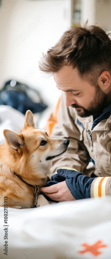 A person interacting joyfully with a dog indoors, capturing a warm bond. A person interacting joyfully with a dog indoors, capturing a warm bond.