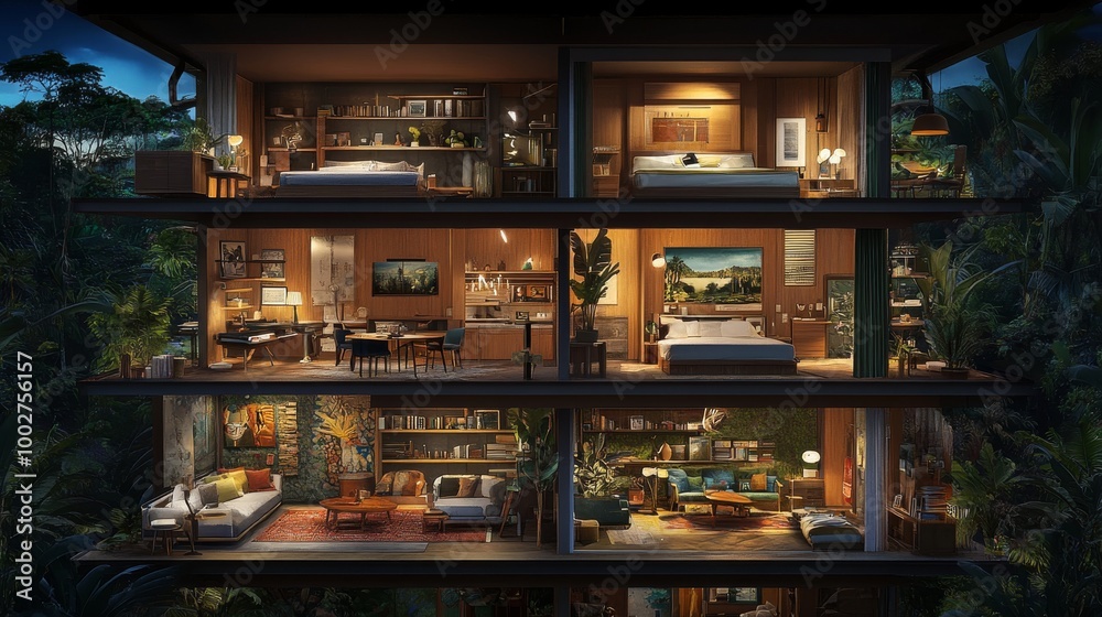 Three-dimensional cross section of a contemporary home at night Three-dimensional cross section of a contemporary home at night