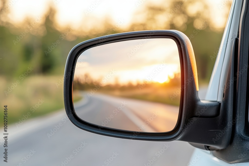 Car side mirror reflecting sunset on a winding road, serene and scenic view. Car side mirror reflecting sunset on a winding road, serene and scenic view.