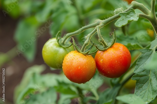 Close-up of three ripe tomatoes, one green and two red, with water droplets on the vine.