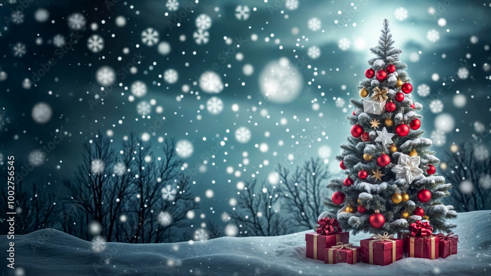 Albero di Natale Innevato con Decorazioni Rosse e Oro in un Paesaggio Notturno Fiabesco Albero di Natale Innevato con Decorazioni Rosse e Oro in un Paesaggio Notturno Fiabesco