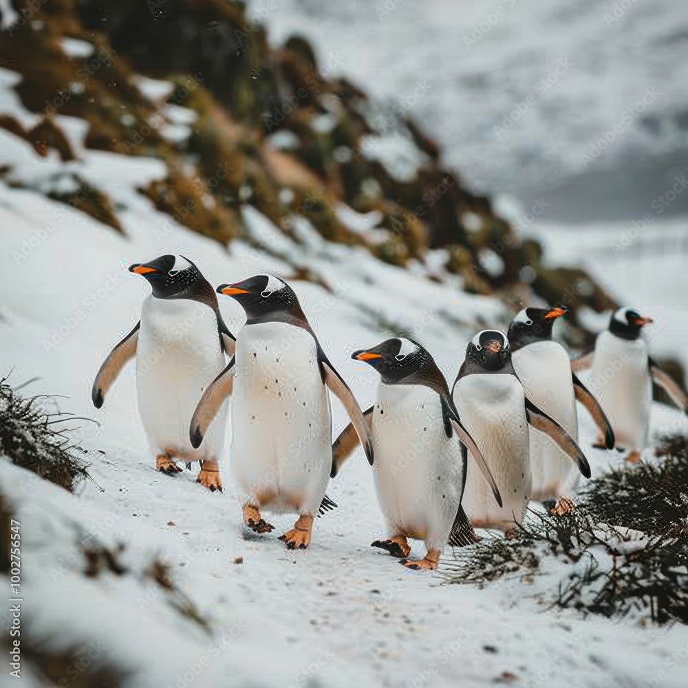 Fototapeta premium Penguins standing together on rocky terrain