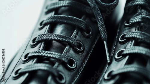 In this close-up, you can see a pair of black leather sneakers with white laces on a white background.