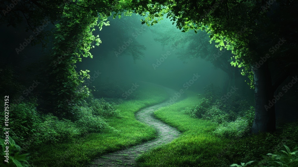 Obraz premium A path winding through a dense forest, where the trees whisper secrets and the air is filled with a sense of ancient magic.