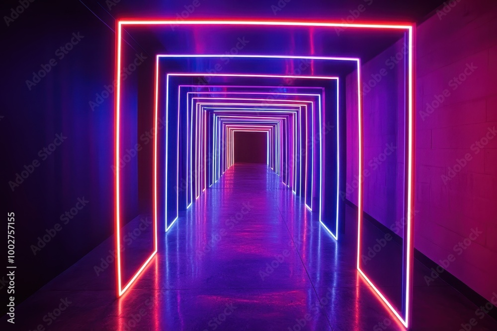 Neon-lit hallway with a receding perspective of glowing squares Neon-lit hallway with a receding perspective of glowing squares