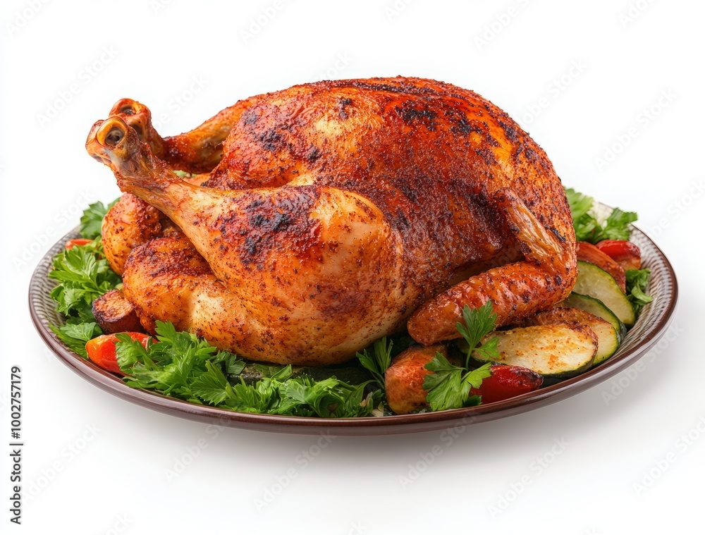 browned turkey on an elegant serving platter. Christmas dinner or Thanksgiving dinner. Roasted turkey with vegetables on a platter. roasted whole chicken laying on top of a pile of Brussels sprouts