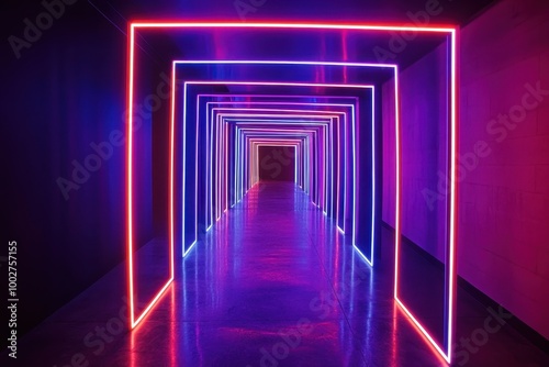 Neon-lit hallway with a receding perspective of glowing squares
