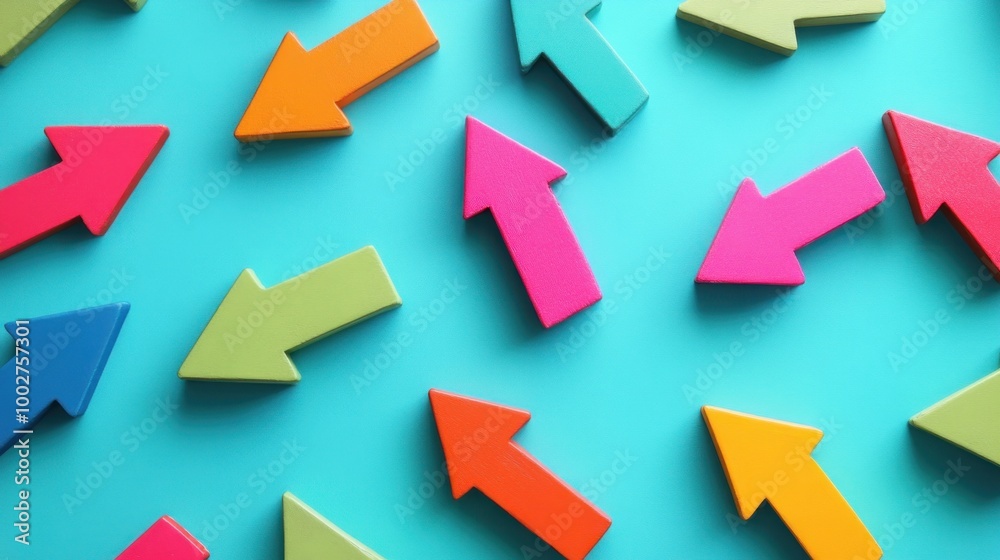Colorful wooden arrows pointing in different directions on a blue background. Colorful wooden arrows pointing in different directions on a blue background.