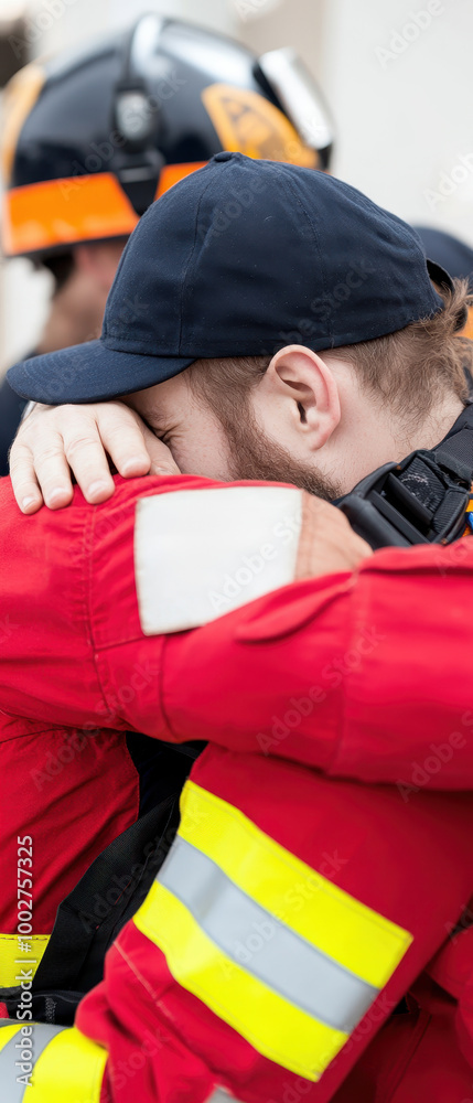 Obraz premium Firefighter in distress, emotional moment captured, white isolate background