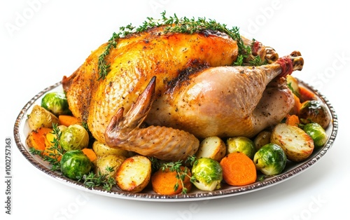 browned turkey on an elegant serving platter. Christmas dinner or Thanksgiving dinner. Roasted turkey with vegetables on a platter. roasted whole chicken laying on top of a pile of Brussels sprouts