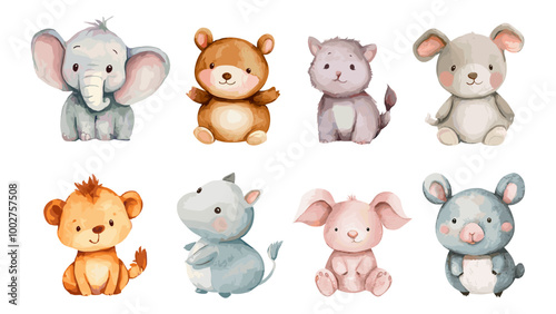 Watercolor baby animals. Cute animal children, jungle or forest zoo safari wildlife elephant hippo lion adorable koala bear cat puppy dog pets paint drawn art vector illustration photo