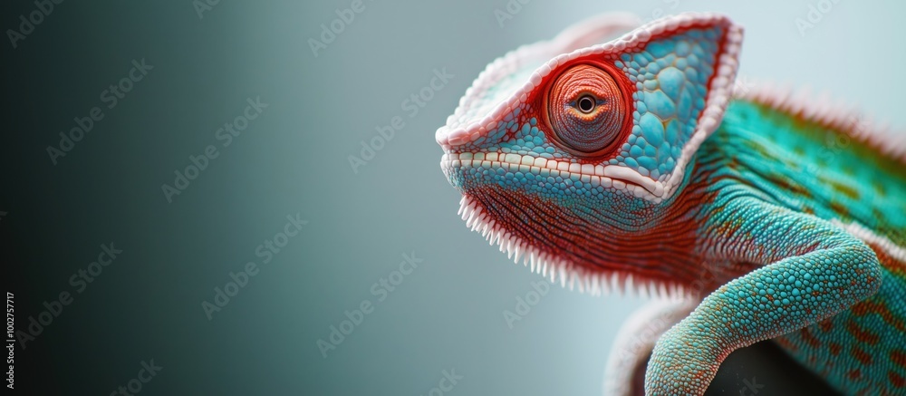 Colorful chameleon perched on leaves in lush greenery Colorful chameleon perched on leaves in lush greenery