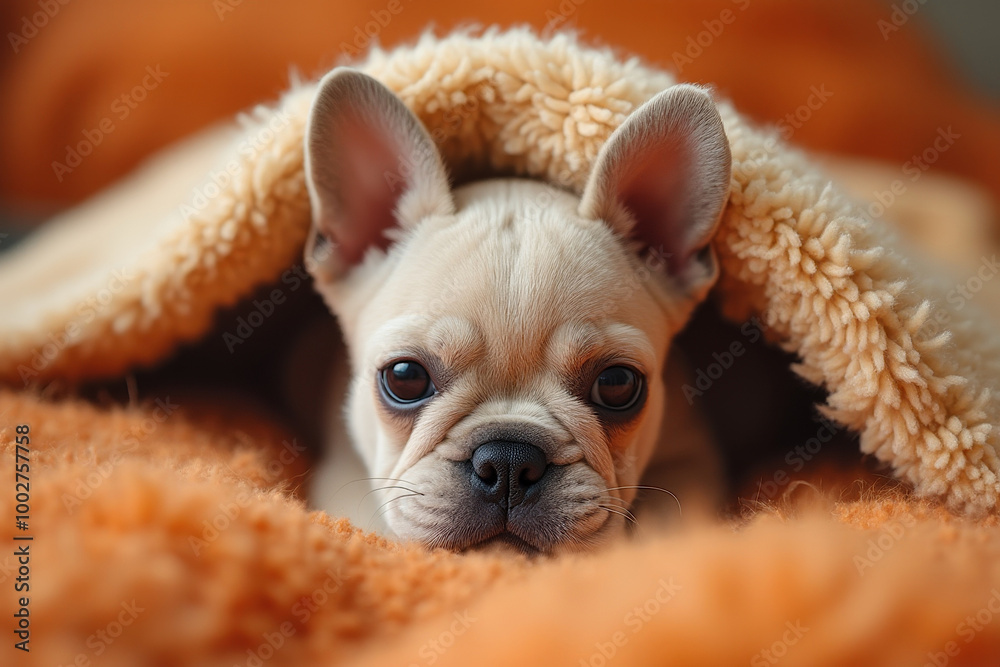 small dog french bulldog peeks out from under a beige blanket small dog french bulldog peeks out from under a beige blanket