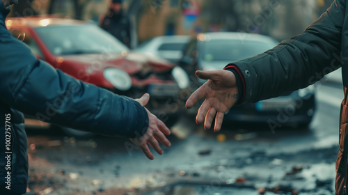 Two Drivers Arguing After a Traffic Accident with Damaged Cars in the Background, Illustrating Road Safety and Conflict Between Drivers After a Collision.