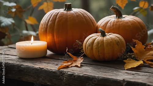 A peaceful and inviting autumn scene, set in a cosy, warm and peaceful atmosphere, orange pumpkins, golden leaves and crackling candles on a rustic wooden table