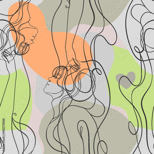 Abstract seamless pattern in modern simple style. Female faces. One line draw...