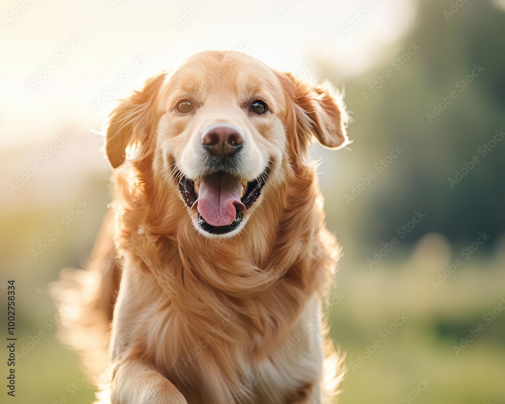 Happy golden retriever running outdoors in a sunny environment. Happy golden retriever running outdoors in a sunny environment.