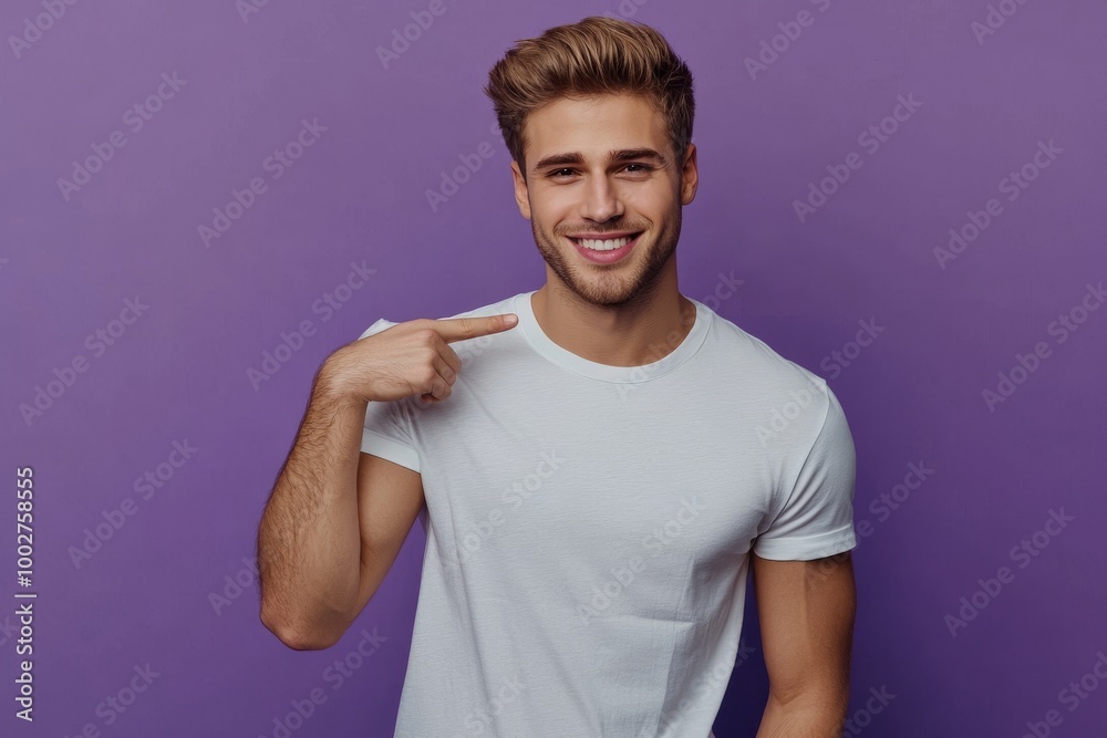 An indoor Caucasian with short hair points at his clothes, smiles positively, isolated over purple background, showing off his new t-shirt. The concept for advertisements and clothing is similar to An indoor Caucasian with short hair points at his clothes, smiles positively, isolated over purple background, showing off his new t-shirt. The concept for advertisements and clothing is similar to