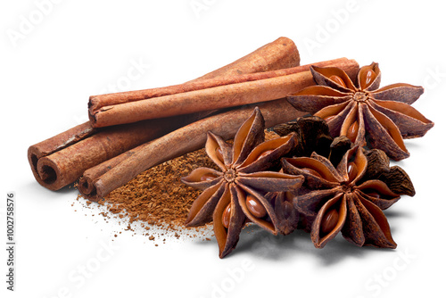 Cinnamon sticks and powder with star anise (Badiam) png photo