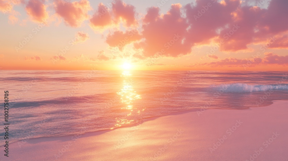 Sunset over a pristine beach, bright orange and pink sky reflecting on calm sea Sunset over a pristine beach, bright orange and pink sky reflecting on calm sea
