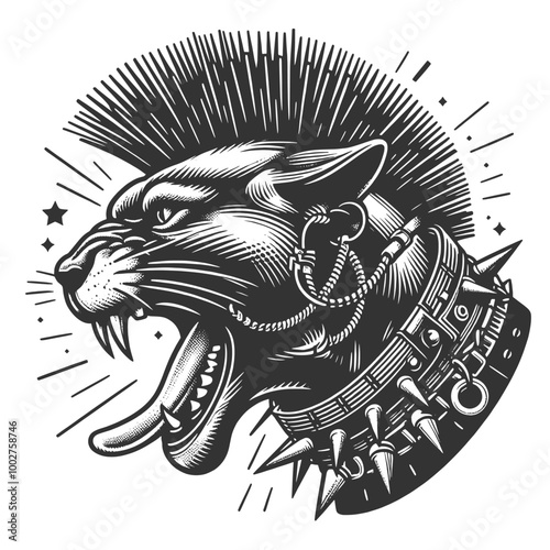 Punk roaring panther tattoo design. Featuring a mohawk, piercings, and a spiked collar sketch engraving generative ai vector illustration. Scratch board imitation. Black and white image.