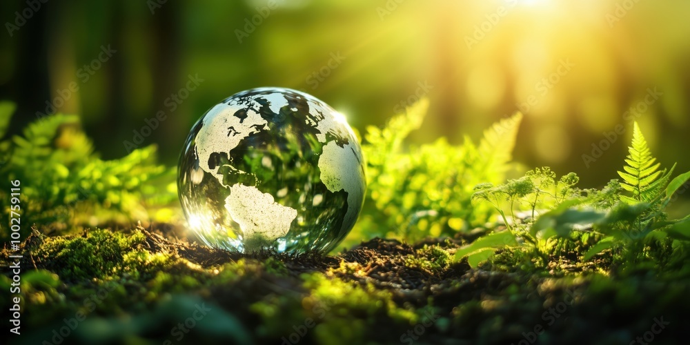 Transparent globe in lush green nature with sunlight Transparent globe in lush green nature with sunlight