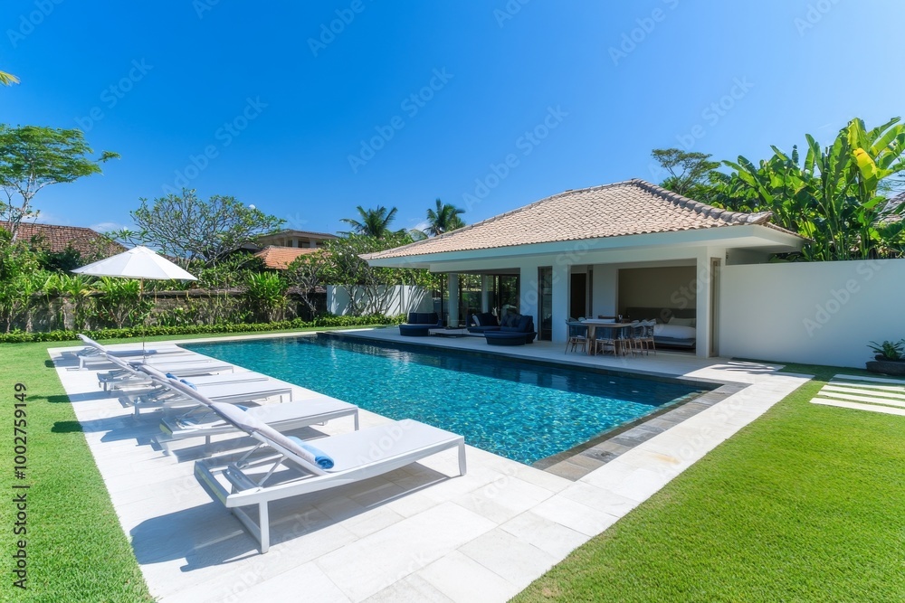 The exterior and interior design of a tropical pool villa in a green garden for a house or home The exterior and interior design of a tropical pool villa in a green garden for a house or home
