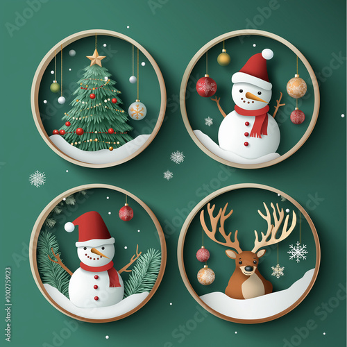 Christmas greeting card vector poster set. Christmas tree, snowman, deer and hanging xmas elements in paper cut template backdrop collection