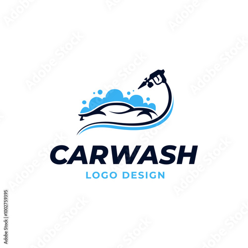 Car wash logo with water foam spray in flat vector design style