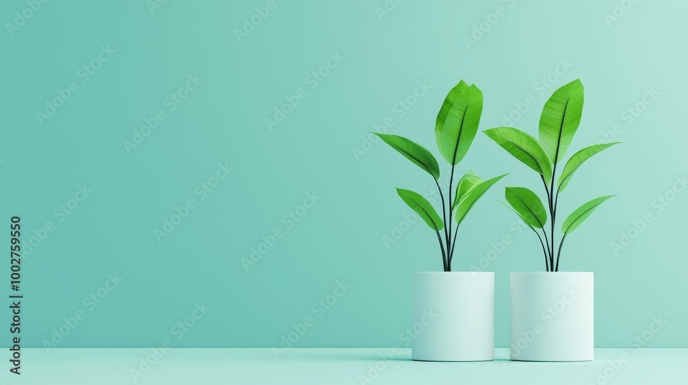 Two green plants in white pots on a mint green background. Two green plants in white pots on a mint green background.