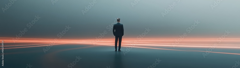 Obraz premium Business leader at the center of a network of glowing lines, symbolizing leadership and connectivity in the modern business world