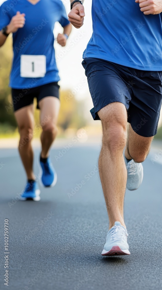 Runners in competition on a road, focused on athletic performance. Runners in competition on a road, focused on athletic performance.