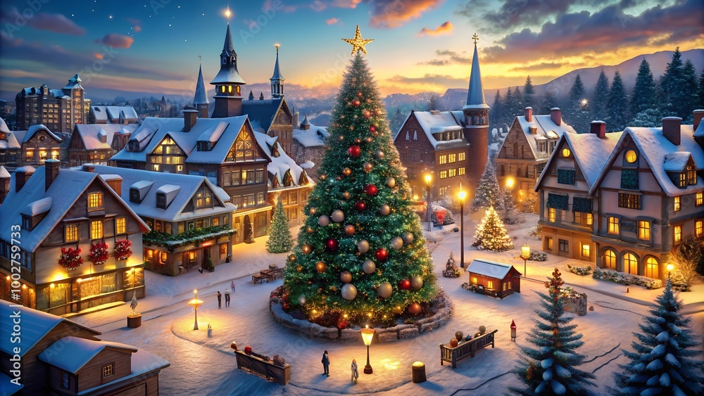 Fototapeta premium Enchanting Christmas Village Scene: Snowy Town Square with Giant Decorated Tree, Cozy Homes, and Twinkling Lights Under Starry Sky - Perfect for Holiday Cards and Winter Wonderland Decor