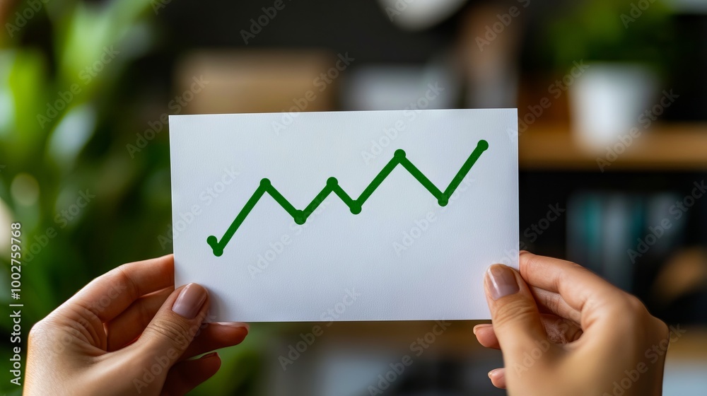 A person holding a business card with a green line graph on it A person holding a business card with a green line graph on it