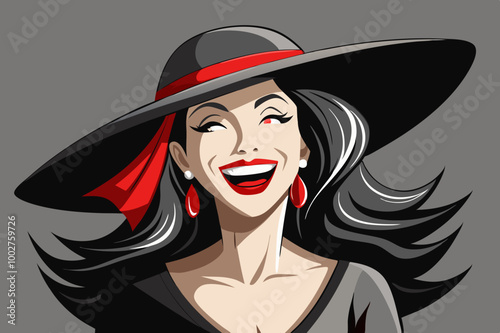 Beauty model in Large Black Hat and Dress. Elegant Woman on Dark Grey Background