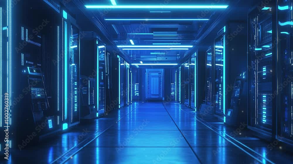 3D render of a data center with blue light in a building, technological concept. 3D render of a data center with blue light in a building, technological concept.