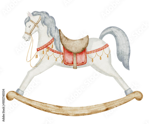 Watercolor Rocking Horse Illustration. Drawing of classic retro Baby Toy on isolated background for greeting cards or invitations. Vintage pony with Saddle and Reins for Nursery design.