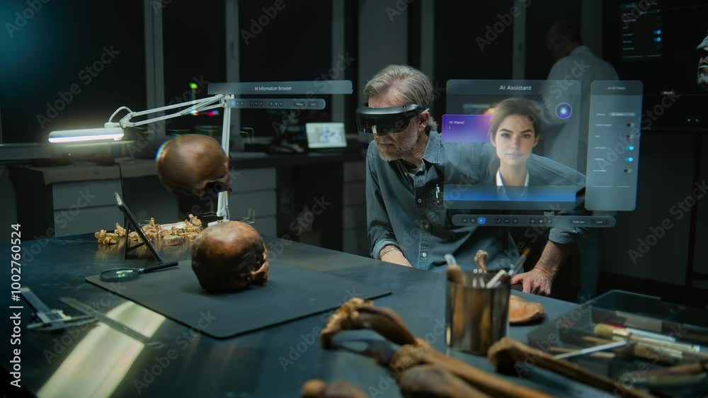 Advanced archaeological lab: Archaeologist in VR headset conducts ...