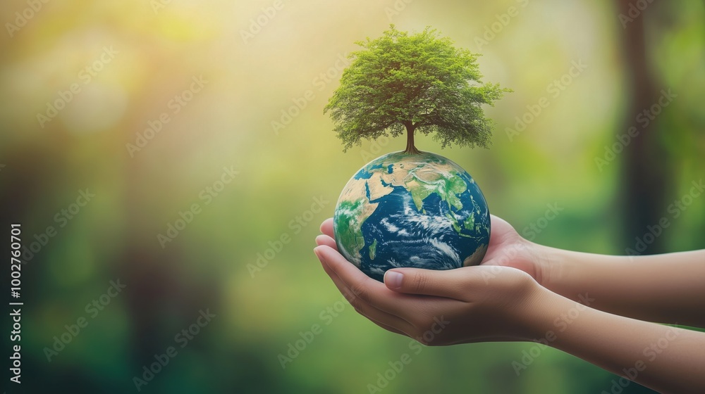 Hands holding earth globe with tree growing for eco-friendly concept
