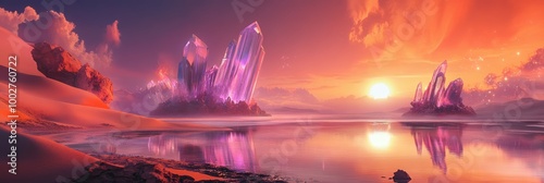 Enchanting Fantasy Landscape with Majestic Crystal Formations at Sunset Over a Serene Lake photo