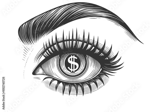 eye with a dollar sign as its pupil, symbolizing wealth, finance, or materialism sketch engraving generative ai fictional character vector illustration. Scratch board imitation. Black and white image.